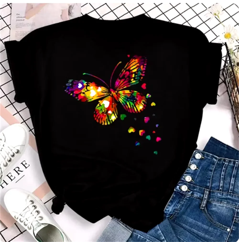 Colorful Butterfly Petal Print Short Sleeve and Round Neck Cute Graphic Tee Shirts Female Tops Clothing Fashion Women T-shirt
Colorful Butterfly Petal Print Short Sleeve and Round Neck Cute Graphic Tee Shirts Female Tops Clothing Fashion Women T-shirt