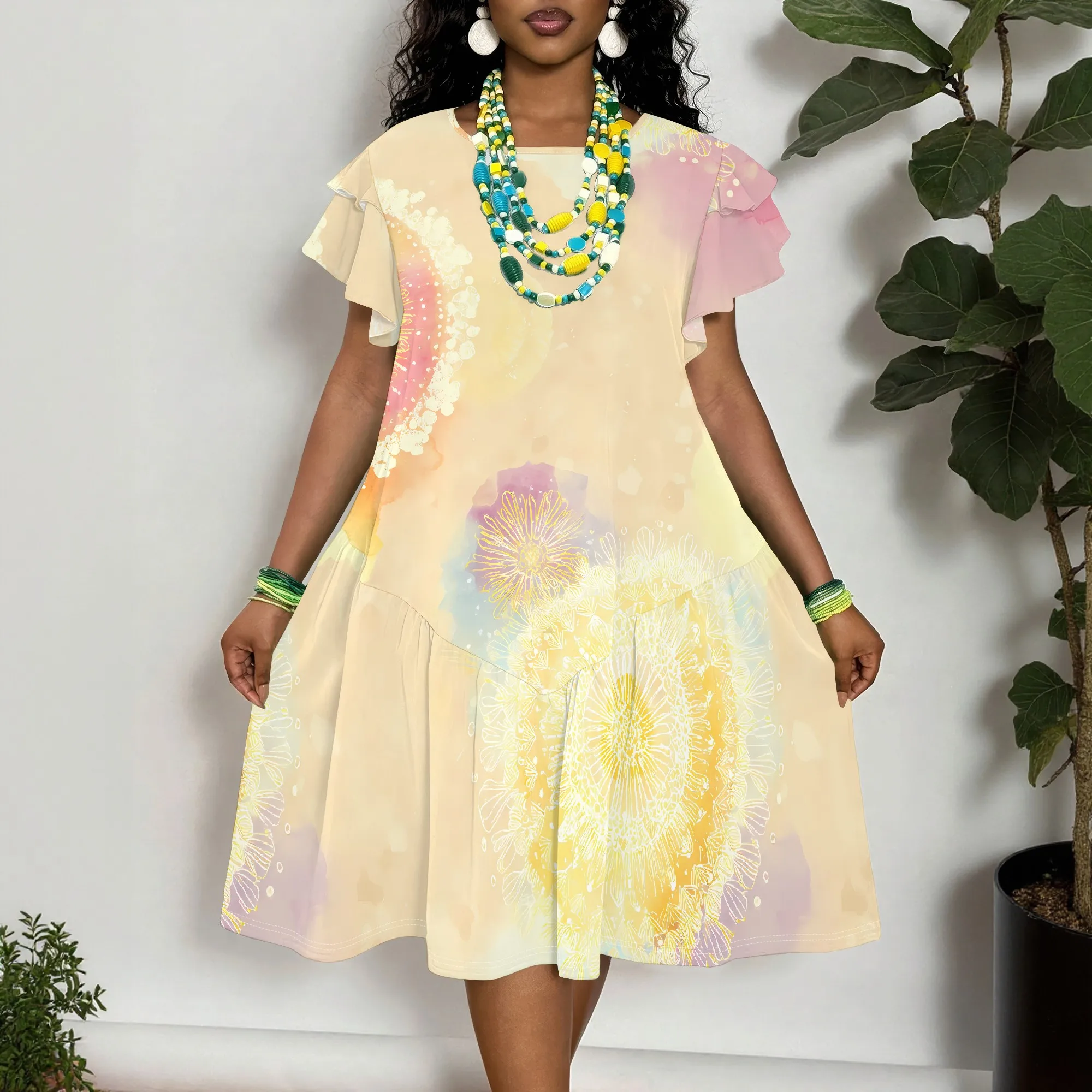 Women's Floral Print Short Sleeve Dress, Vibrant Dandelion Pattern Plus Size Summer Casual Tunic Dress
Women's Floral Print Short Sleeve Dress, Vibrant Dandelion Pattern Plus Size Summer Casual Tunic Dress