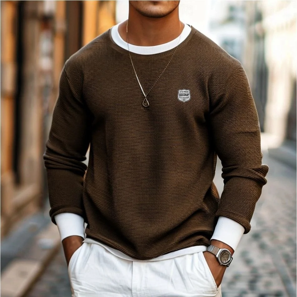 New men's outdoor sports T-shirt top, Waffle solid color round neck loose street holiday long sleeve fashion fake two pieces
New men's outdoor sports T-shirt top, Waffle solid color round neck loose street holiday long sleeve fashion fake two pieces
