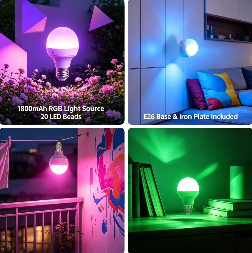 Rechargeable RGB Light Bulb E26 Magnetic 1800mAh Battery Operated LED Color Changing with Remote Control Portable Wireless USB Type-C Charging Emergency Lamp
Rechargeable RGB Light Bulb E26 Magnetic 1800mAh Battery Operated LED Color Changing with Remote Control Portable Wireless USB Type-C Charging Emergency Lamp