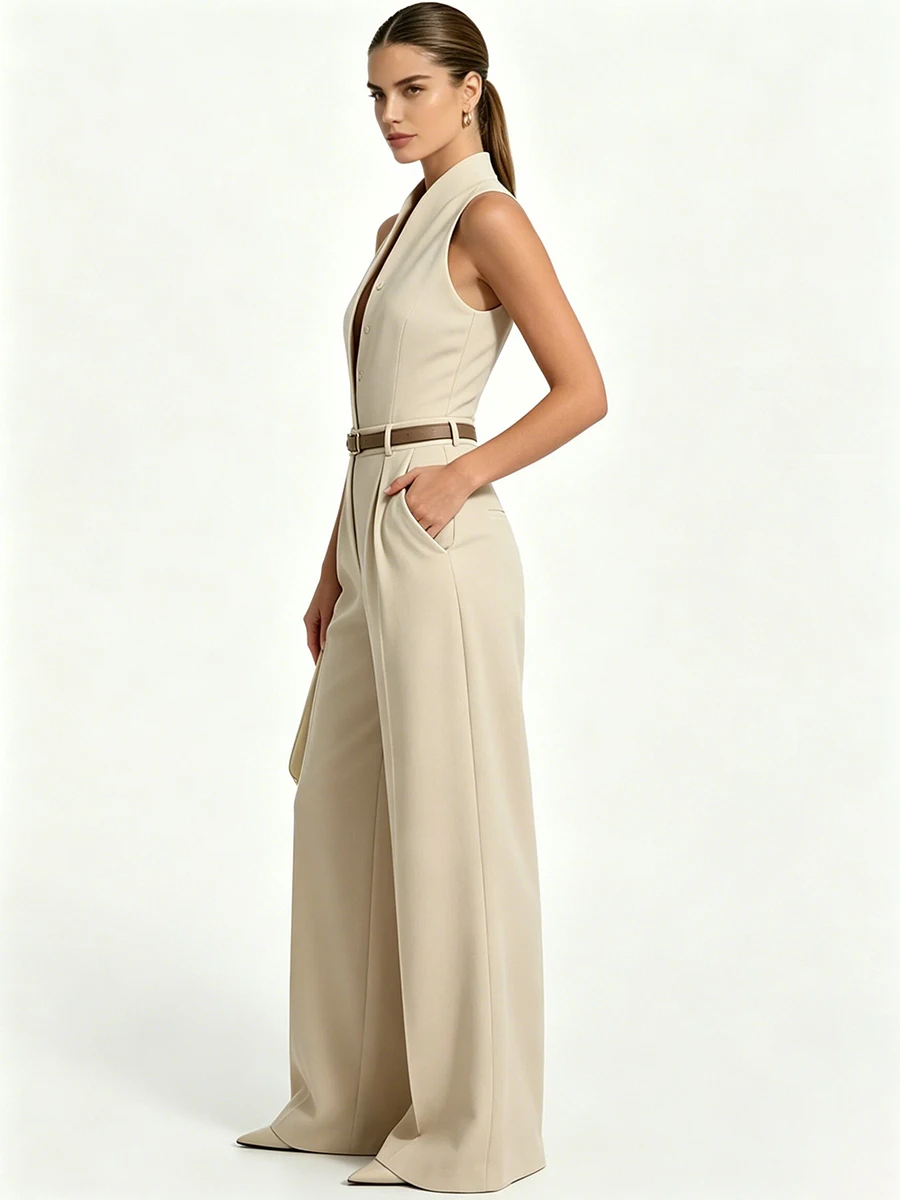 LIMO Women Sleeveless Halter Neck Wide Elegant Button V-Neck Belted Waist Solid Beige Formal Office Party One Piece Outfit
LIMO Women Sleeveless Halter Neck Wide Elegant Button V-Neck Belted Waist Solid Beige Formal Office Party One Piece Outfit