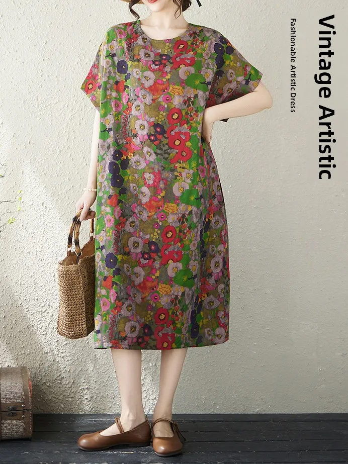 Loose Cotton Linen Short Sleeve Floral Print Dress for Middle-Aged And Elderly Women Summer Comfortable plus Size Knee-Length
Loose Cotton Linen Short Sleeve Floral Print Dress for Middle-Aged And Elderly Women Summer Comfortable plus Size Knee-Length