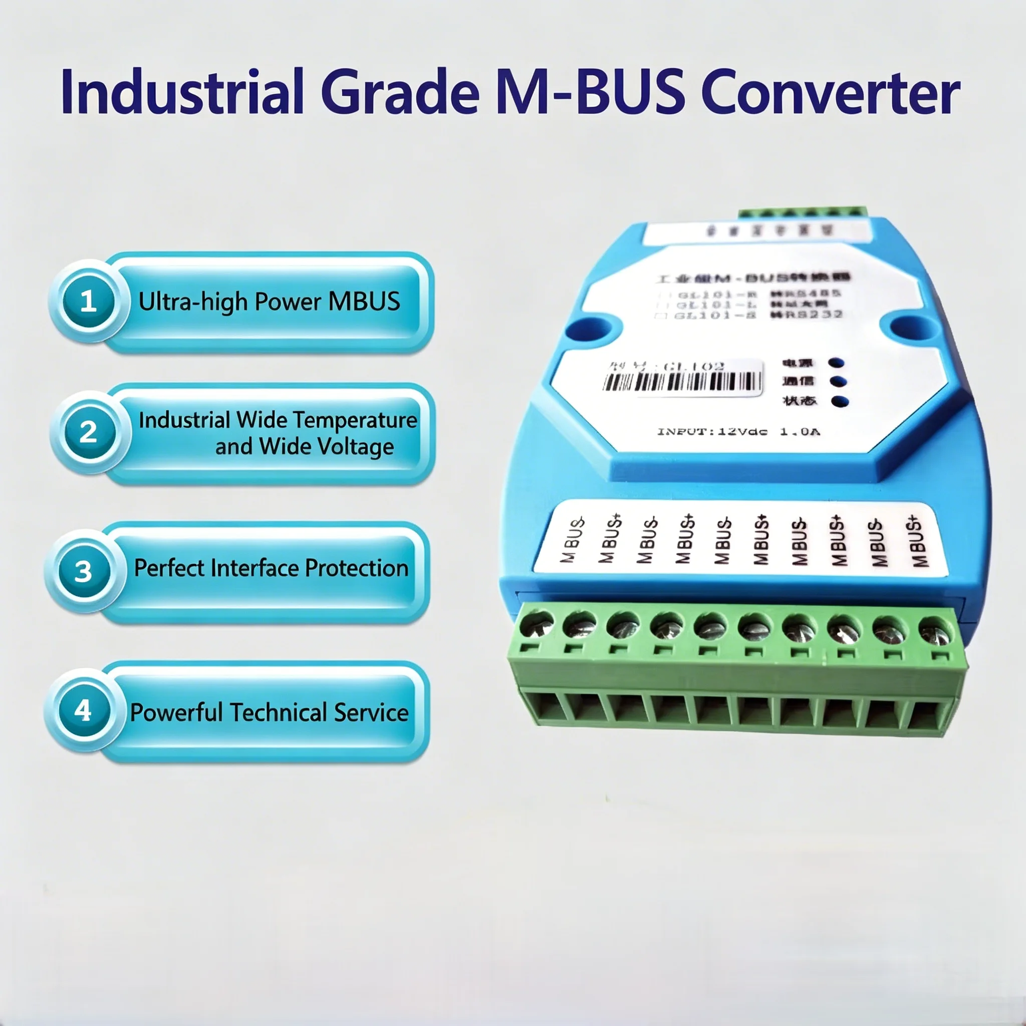 MBus to Ethernet Modbus-TCP / MODBUS-RTU can connect 500 meters Support meter protocol customized
MBus to Ethernet Modbus-TCP / MODBUS-RTU can connect 500 meters Support meter protocol customized