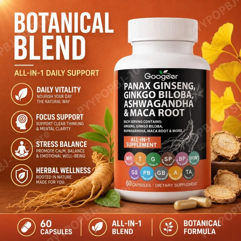 Botanical All in 1 Blend with Panax Ginseng Ginkgo Biloba Ashwagandha Maca Root Supports Daily Vitality Focus 60 Capsules
Botanical All in 1 Blend with Panax Ginseng Ginkgo Biloba Ashwagandha Maca Root Supports Daily Vitality Focus 60 Capsules