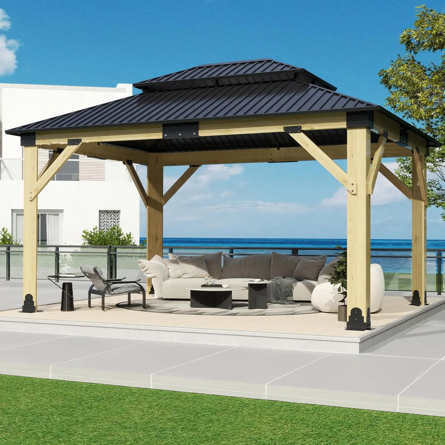 Outdoor Cedar Wooden Gazebo - Patio Wood Frame Gazebo with Galvanized Steel Hardtop, Heavy-Duty Hardtop Gazebos
Outdoor Cedar Wooden Gazebo - Patio Wood Frame Gazebo with Galvanized Steel Hardtop, Heavy-Duty Hardtop Gazebos