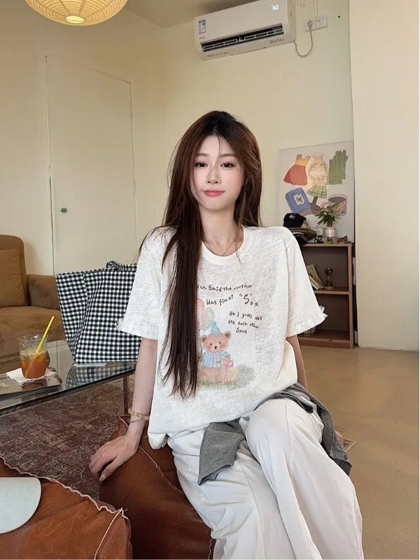 Cute Cartoon Print Short Sleeve T-Shirt Women's Summer Casual Loose round Neck Design Sense Youthful Top Korean Style Cotton
Cute Cartoon Print Short Sleeve T-Shirt Women's Summer Casual Loose round Neck Design Sense Youthful Top Korean Style Cotton