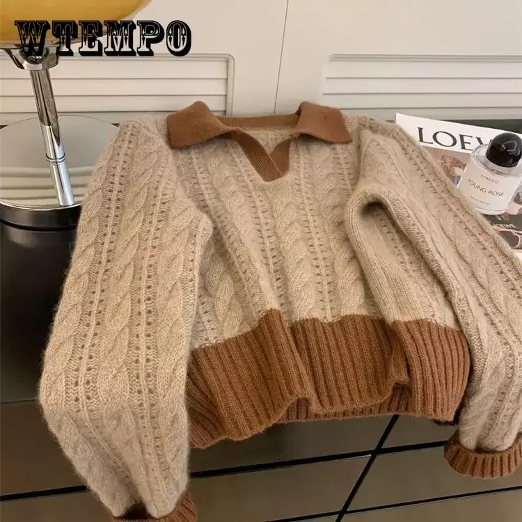 WTEMPO Women's Long Sleeve Polo Neck Fall Winter Colorblock Cable Knitted Sweater Ladies Korean Style Pullover Jumper Knitwear
WTEMPO Women's Long Sleeve Polo Neck Fall Winter Colorblock Cable Knitted Sweater Ladies Korean Style Pullover Jumper Knitwear