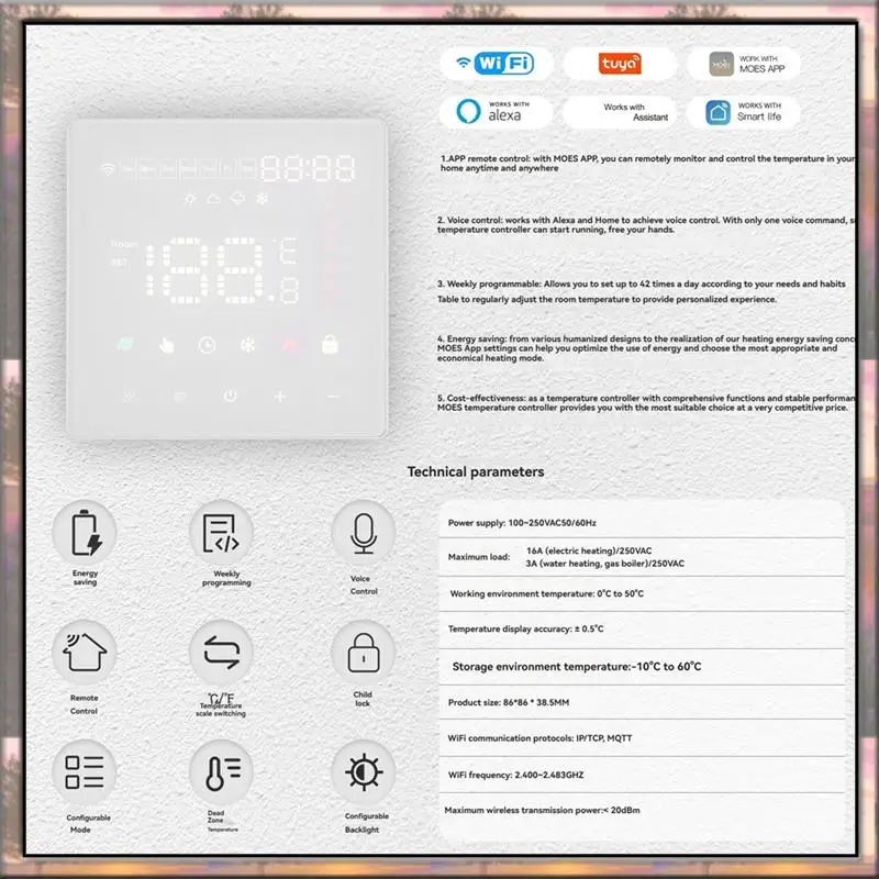 BAAZ HOT Tuya Wi-Fi термостат умный котел регулятор температуры отопления переключатель поддержка приложение дистанционное голосовое управление Alexa
BAAZ HOT Tuya Wi-Fi термостат умный котел регулятор температуры отопления переключатель поддержка приложение дистанционное голосовое управление Alexa