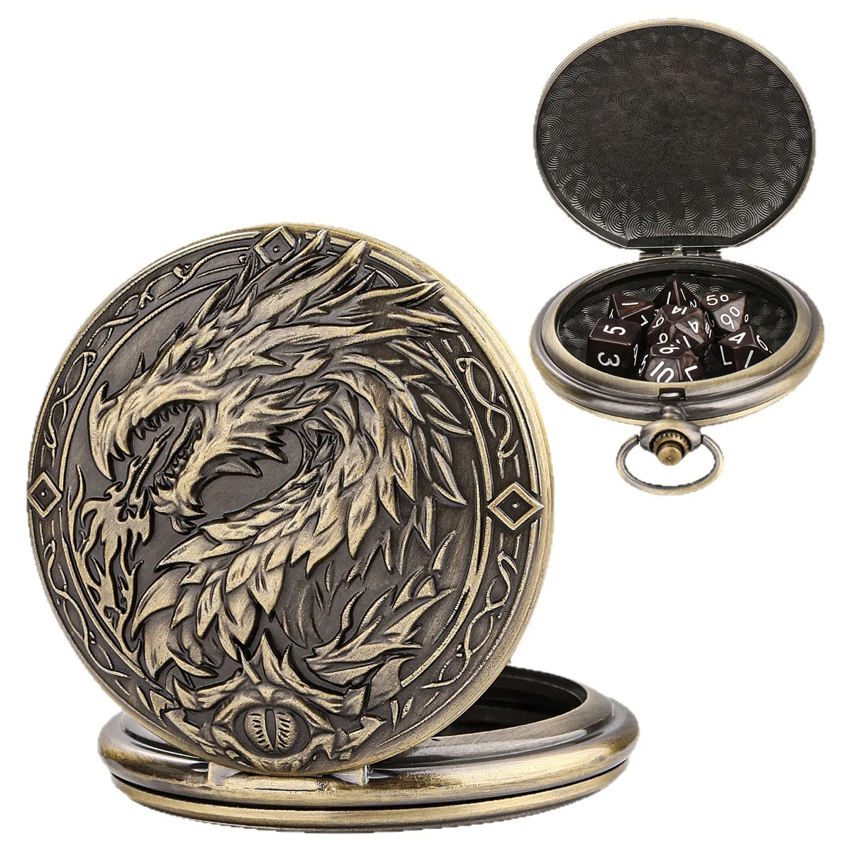 DND Dice Antique Carved 3D fire dragon Designed Alloy Pocket Watch Case with 7pcs Metal Polyhedral Table Game Dice
DND Dice Antique Carved 3D fire dragon Designed Alloy Pocket Watch Case with 7pcs Metal Polyhedral Table Game Dice