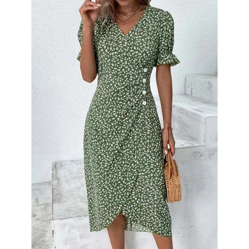 Elegant Floral Pleated H shaped Midi Dress Female V Neck Puff Sleeve Waist Ruched Button Dresses Women Summer Dress Robe
Elegant Floral Pleated H shaped Midi Dress Female V Neck Puff Sleeve Waist Ruched Button Dresses Women Summer Dress Robe