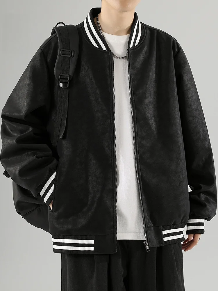 Rampo Men's Casual PU Leather Patchwork Stripe Loose Baseball Collar Jaet Zipper Decoration Iron-Free Treaent Youthful Sle
Rampo Men's Casual PU Leather Patchwork Stripe Loose Baseball Collar Jaet Zipper Decoration Iron-Free Treaent Youthful Sle