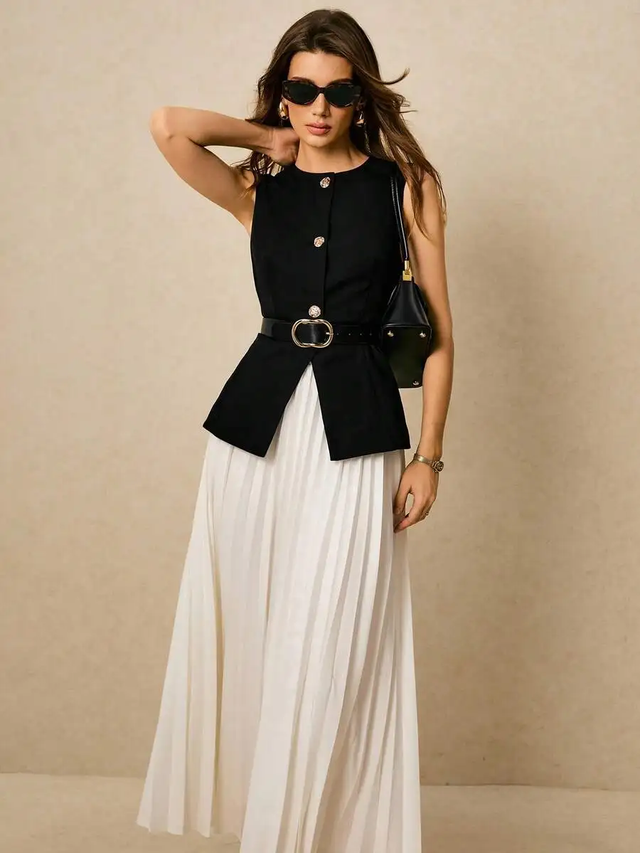 Elegant Women Two Piece Set: Sleeveless Vest With Belt And Pleated Skirt, Business Casual Office Outfit
Elegant Women Two Piece Set: Sleeveless Vest With Belt And Pleated Skirt, Business Casual Office Outfit