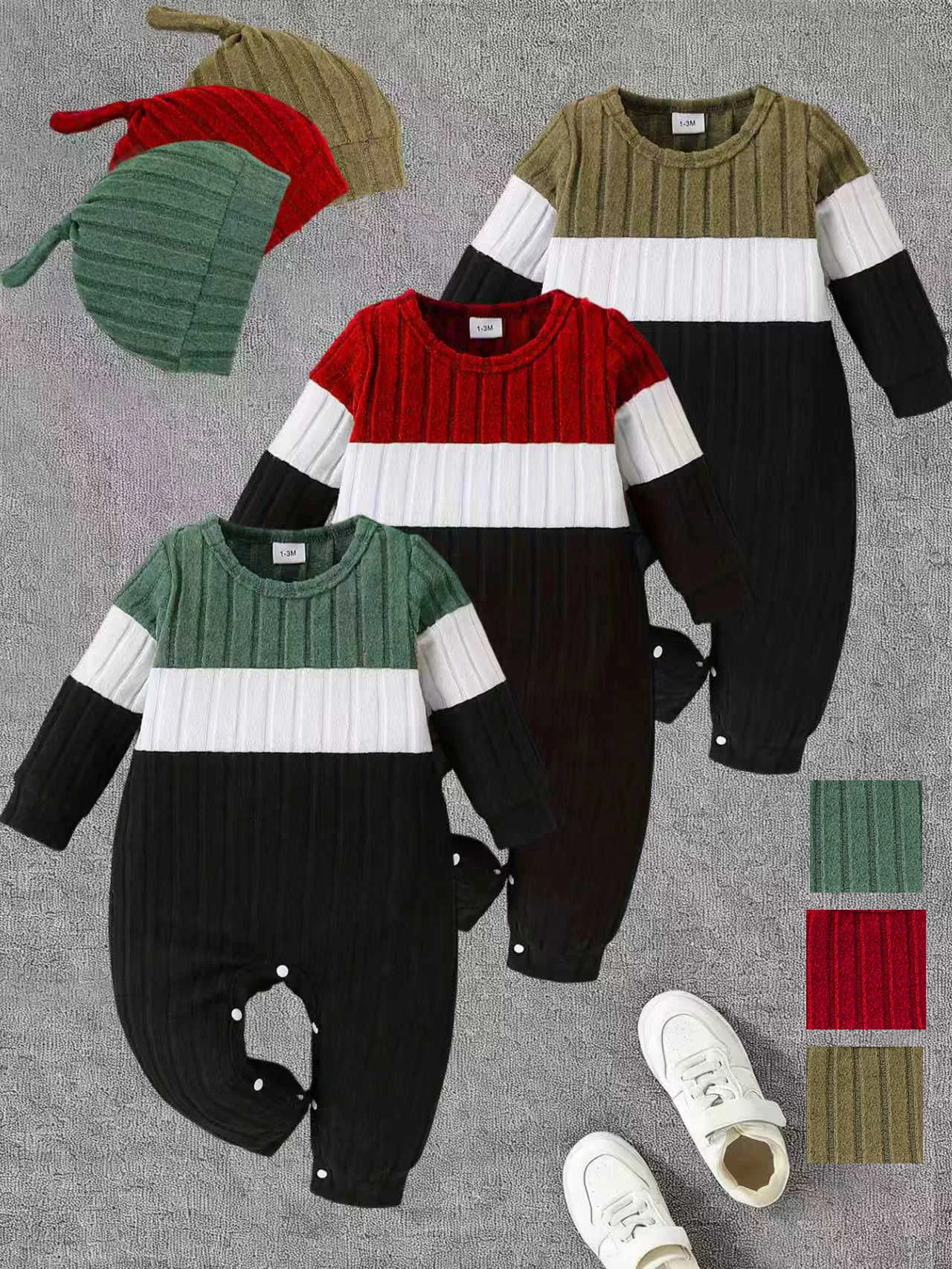 3pcs Spring Autumn Newborn Baby Color Block Ribbed Romper Set, Long Sleeve Onesie + Matching Hat, Casual Style, Daily Wear, 1-3M
3pcs Spring Autumn Newborn Baby Color Block Ribbed Romper Set, Long Sleeve Onesie + Matching Hat, Casual Style, Daily Wear, 1-3M