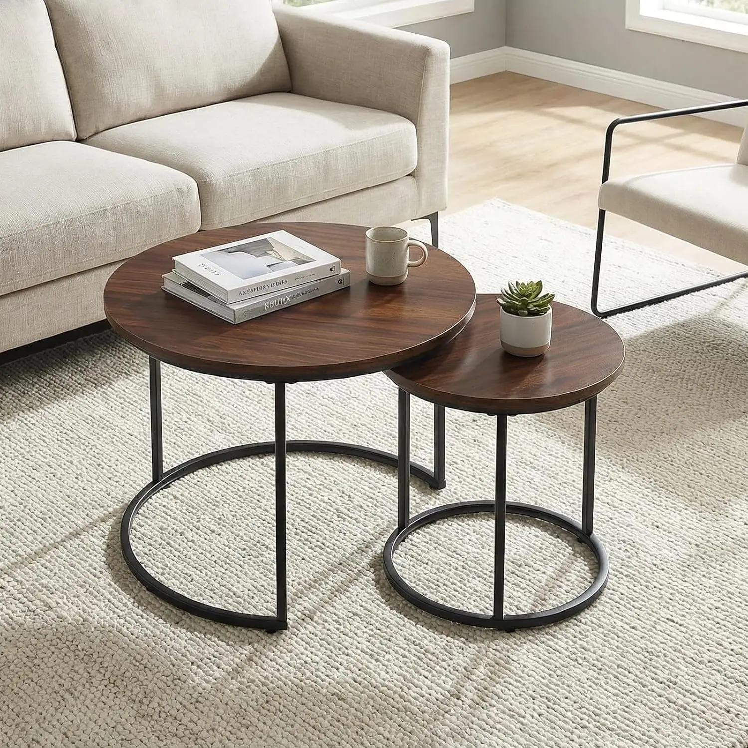 Round Nesting Coffee Table 2-Piece Set, Modern Wooden Tables with Marble Pattern, Stackable Minimalist Side Table for Living Room, Bedroom, Small Spaces, Black Legs with Brown Top
Round Nesting Coffee Table 2-Piece Set, Modern Wooden Tables with Marble Pattern, Stackable Minimalist Side Table for Living Room, Bedroom, Small Spaces, Black Legs with Brown Top