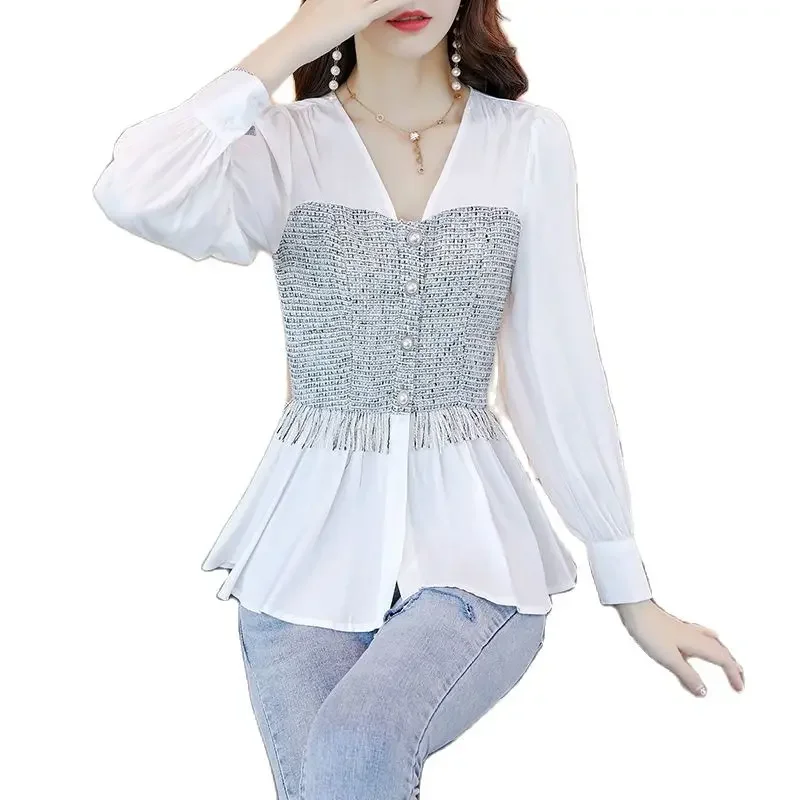 Women's Top 2021 New Spring and Autumn Korean Harajuku Women's White V-neck Hem Long-sleeved Button Long-sleeved Chiffon Shirt
Women's Top 2021 New Spring and Autumn Korean Harajuku Women's White V-neck Hem Long-sleeved Button Long-sleeved Chiffon Shirt