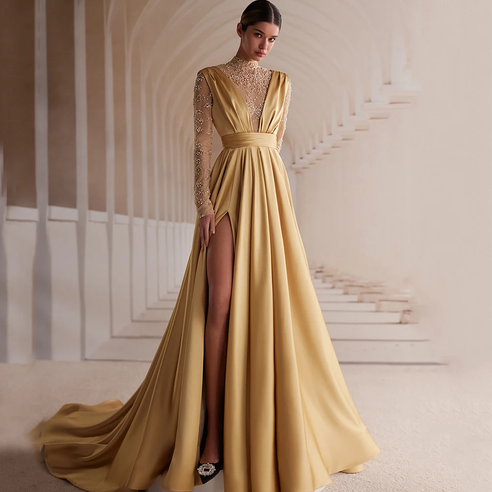 Modern Custom Made A-Line Evening Dress High Neck Illusion Long Sleeves with Pleat Sexy Side Slit Women Prom Gowns Floor Length
Modern Custom Made A-Line Evening Dress High Neck Illusion Long Sleeves with Pleat Sexy Side Slit Women Prom Gowns Floor Length