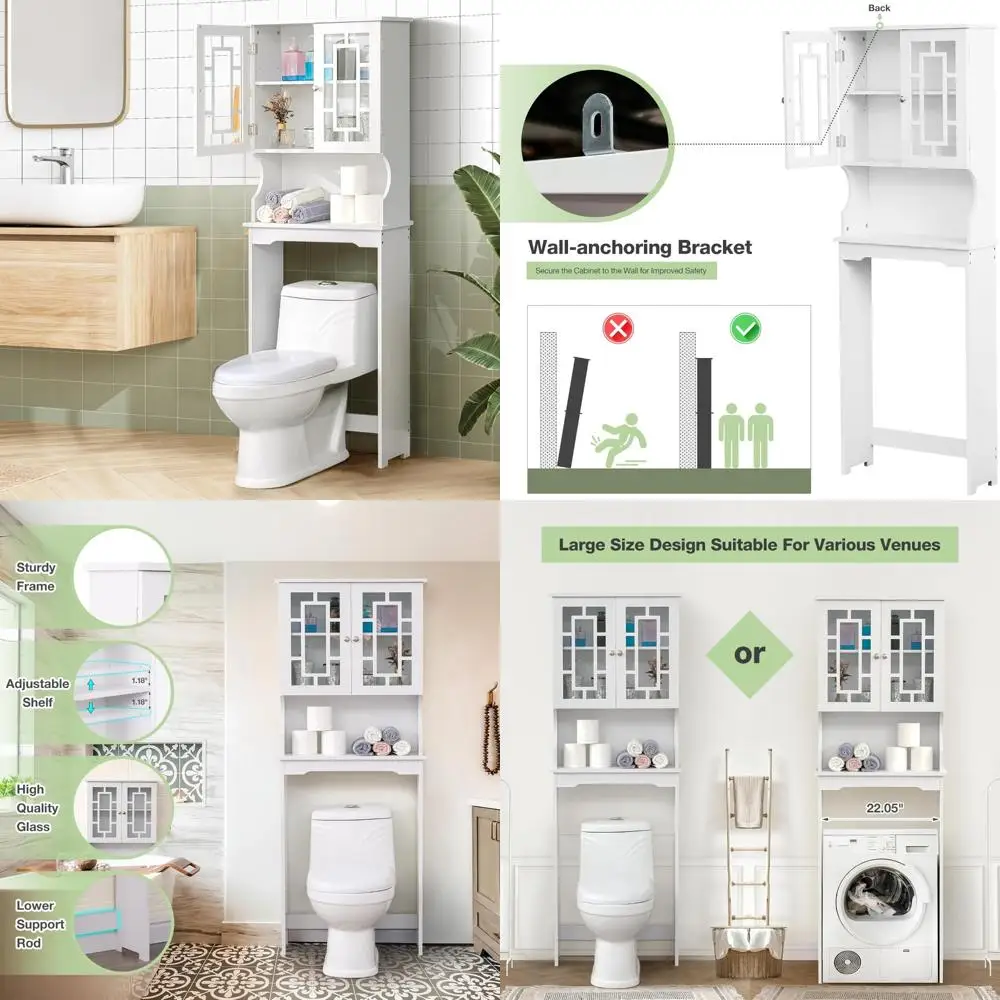 Over-the-Toilet Wooden Storage Cabinet with Adjustable Shelf and 2 Glass Doors - Space-Saving Bathroom Organizer and Home Storag
Over-the-Toilet Wooden Storage Cabinet with Adjustable Shelf and 2 Glass Doors - Space-Saving Bathroom Organizer and Home Storag