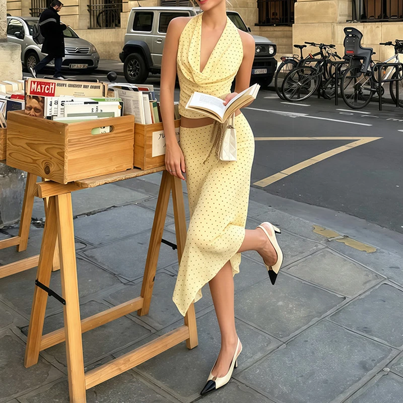 Fashion Pocar Polka Dot Off Shoulder Party Outfit Elegant Neck Hanging Backless Suit Sexy Navel Tied Top+Irregular Skirt 2pc Set
Fashion Pocar Polka Dot Off Shoulder Party Outfit Elegant Neck Hanging Backless Suit Sexy Navel Tied Top+Irregular Skirt 2pc Set