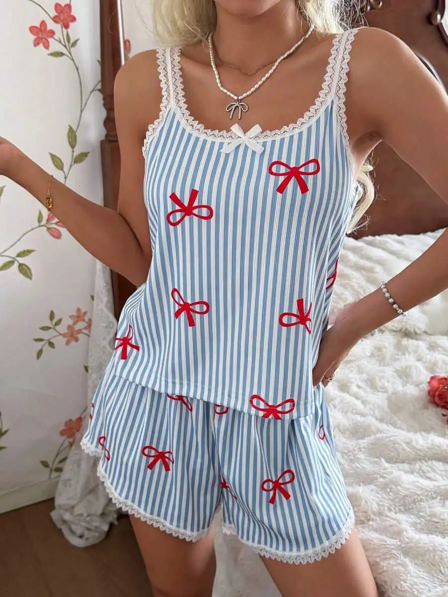 Womens Blue And White Striped Pajama Set With Red Bow Print Lace Trim Spaghetti Strap Sleepwear
Womens Blue And White Striped Pajama Set With Red Bow Print Lace Trim Spaghetti Strap Sleepwear