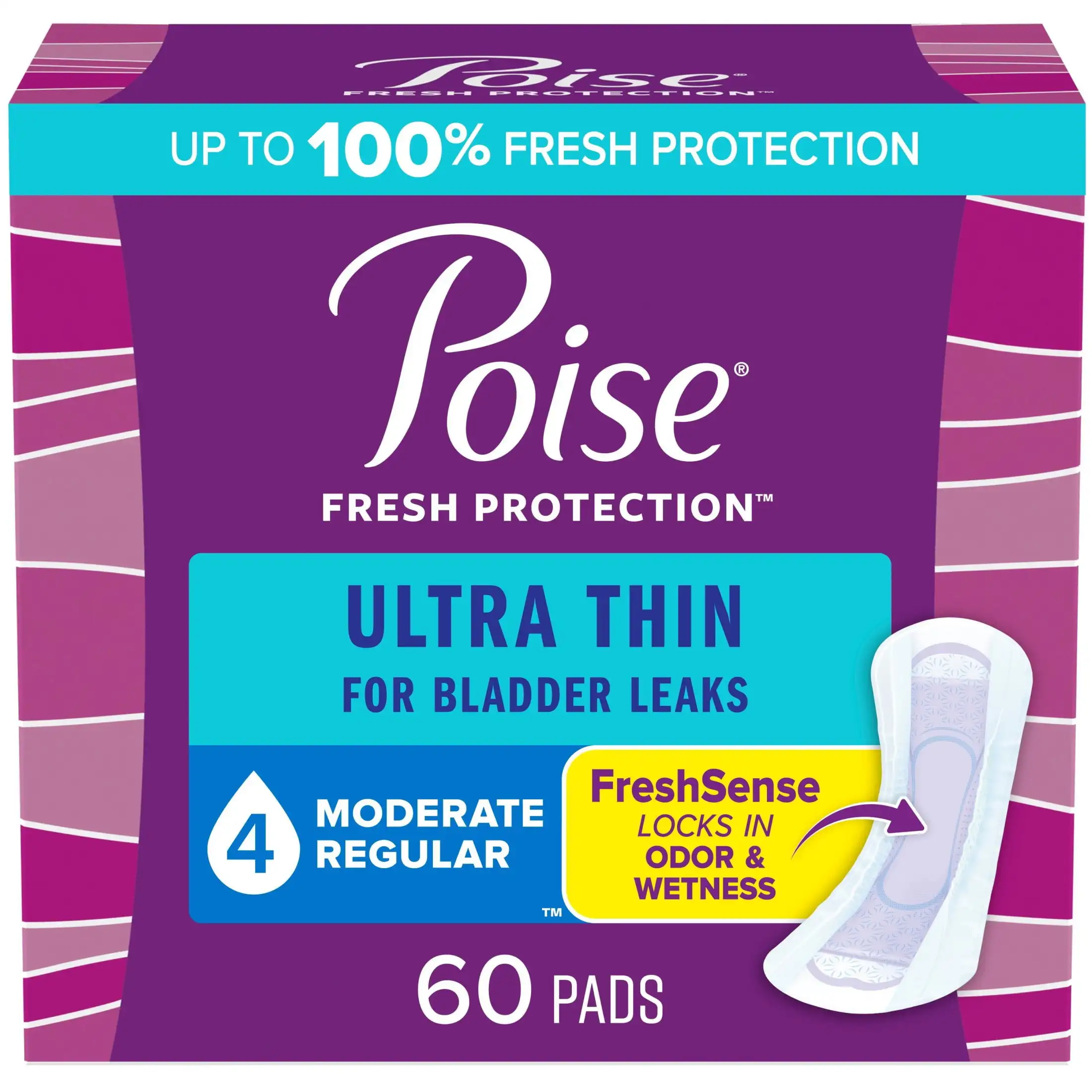 Ultra Thin Incontinence Pads, 4 Drop Moderate Absorbency, Regular Length, 60 Count
Ultra Thin Incontinence Pads, 4 Drop Moderate Absorbency, Regular Length, 60 Count