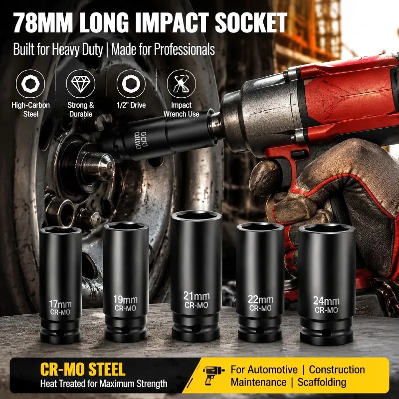 Impact Socket Set CRV Steel Deep Reach 1/2 Inch Drive Long Nut Driver Heavy Duty Industrial Auto Repair Maintenance Wrench Tools
Impact Socket Set CRV Steel Deep Reach 1/2 Inch Drive Long Nut Driver Heavy Duty Industrial Auto Repair Maintenance Wrench Tools