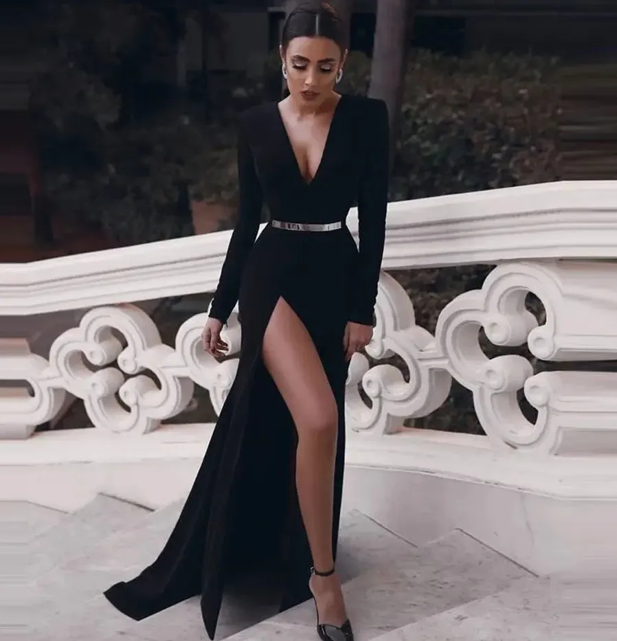 2025 Sexy Black Formal Evening Dress V-Neck Long Sleeves Sweep Front/Side Silt Prom Pageant Party Gowns Robe De Soireee
2025 Sexy Black Formal Evening Dress V-Neck Long Sleeves Sweep Front/Side Silt Prom Pageant Party Gowns Robe De Soireee