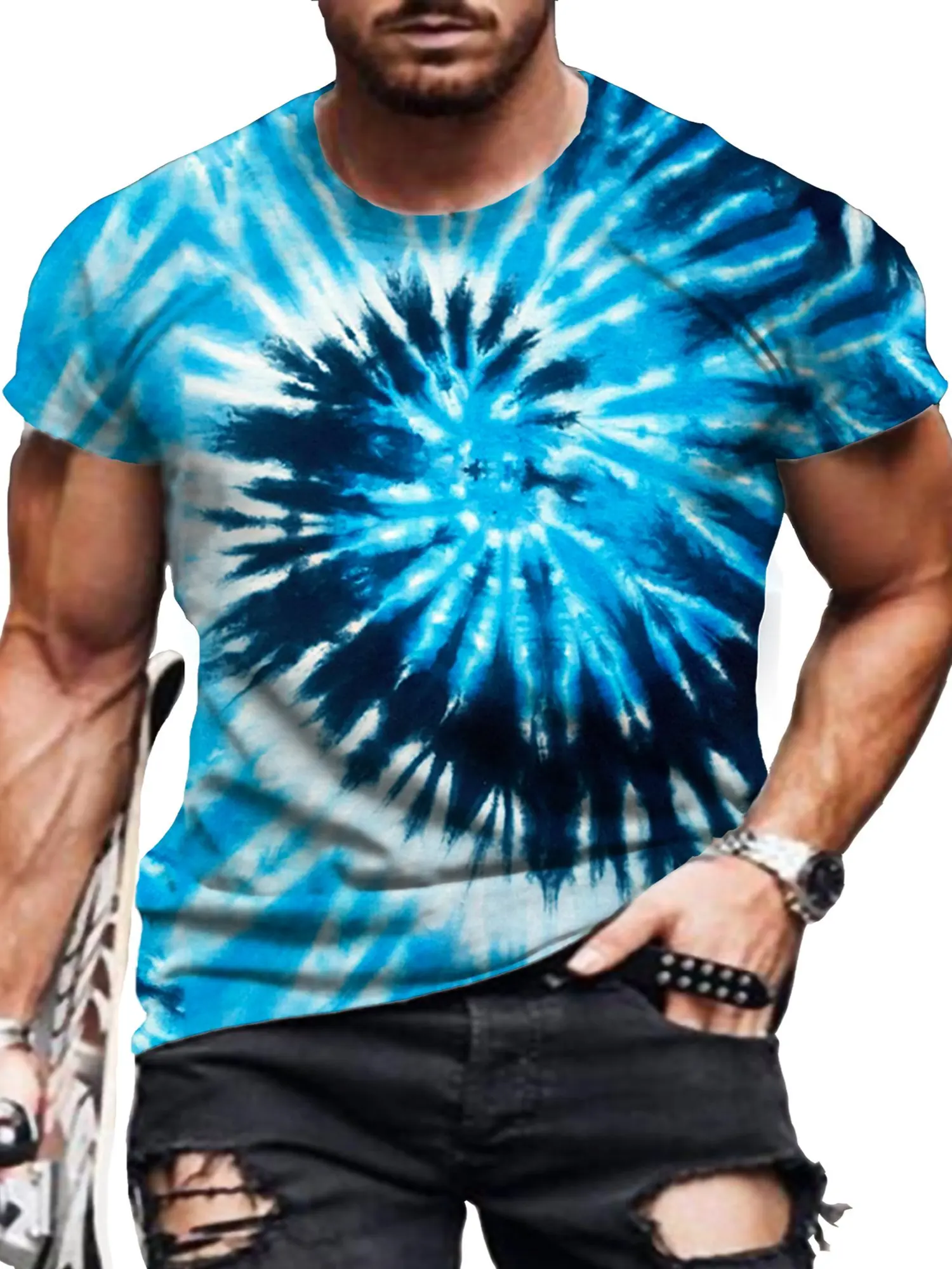 Men'S Vibrant Blue & White Tie-Dye T-Shirt - Short Sleeve, Crew Neck, Stretchy Polyester Blend, Casual & Sporty Design
Men'S Vibrant Blue & White Tie-Dye T-Shirt - Short Sleeve, Crew Neck, Stretchy Polyester Blend, Casual & Sporty Design