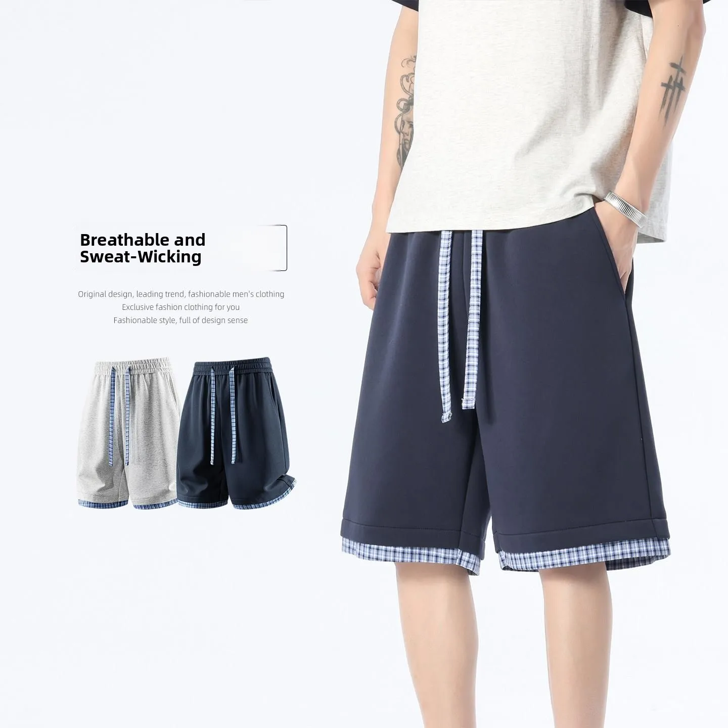Loose Knitted Sporty Shorts for Men with Patchwork Design Five-Quarter Length Breathable Polyester Fiber Deep Blue Check Pattern
Loose Knitted Sporty Shorts for Men with Patchwork Design Five-Quarter Length Breathable Polyester Fiber Deep Blue Check Pattern