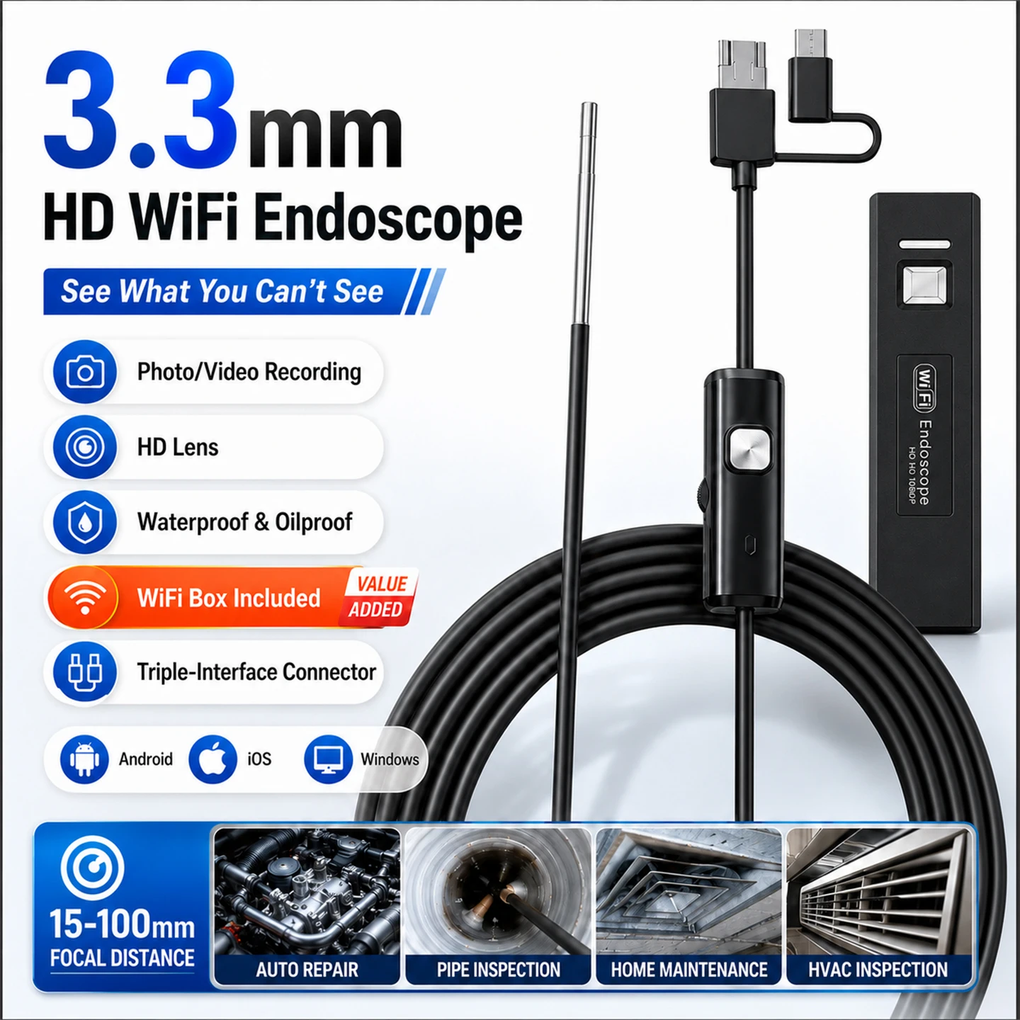 3.3mm Ultra Thin Endoscope Camera HD IPS Screen Borescope For iPhone iOS Android Handheld Car Sewer Pipe Inspection Tools
3.3mm Ultra Thin Endoscope Camera HD IPS Screen Borescope For iPhone iOS Android Handheld Car Sewer Pipe Inspection Tools