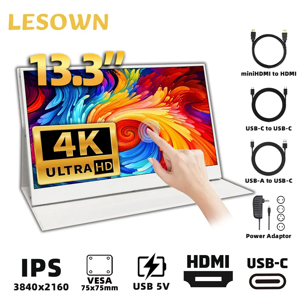 LESOWN 4K Portable Monitor 13.3 inch IPS Touch 3840x2160 USB Type C HDMI Wide Screen Small Travel Display for PC Laptop Computer
LESOWN 4K Portable Monitor 13.3 inch IPS Touch 3840x2160 USB Type C HDMI Wide Screen Small Travel Display for PC Laptop Computer
