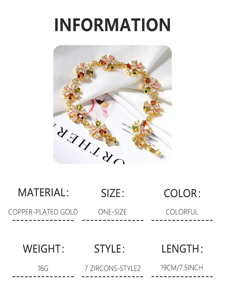 Copper-Plated Gold Floral Bracelet With 7 Colorful Zircons, 19Cm Elegant Women’s Jewelry For Daily Wear, Party, Gift
Copper-Plated Gold Floral Bracelet With 7 Colorful Zircons, 19Cm Elegant Women’s Jewelry For Daily Wear, Party, Gift