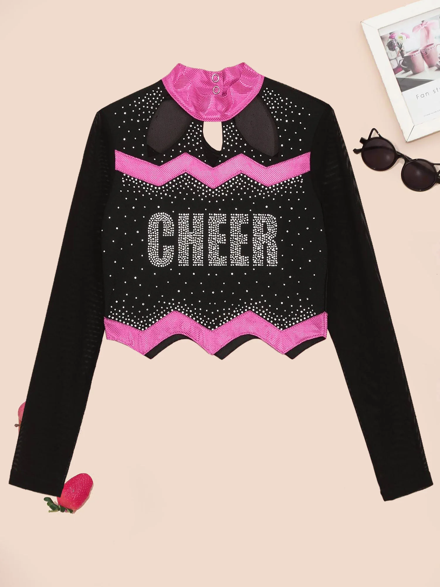 Girl Cheer Uniform Top Cheer Leader Costume Mesh Patchwork Sport Shiny Rhinestone Dance Crop Top Cosplay Cheeing Team Clothes
Girl Cheer Uniform Top Cheer Leader Costume Mesh Patchwork Sport Shiny Rhinestone Dance Crop Top Cosplay Cheeing Team Clothes