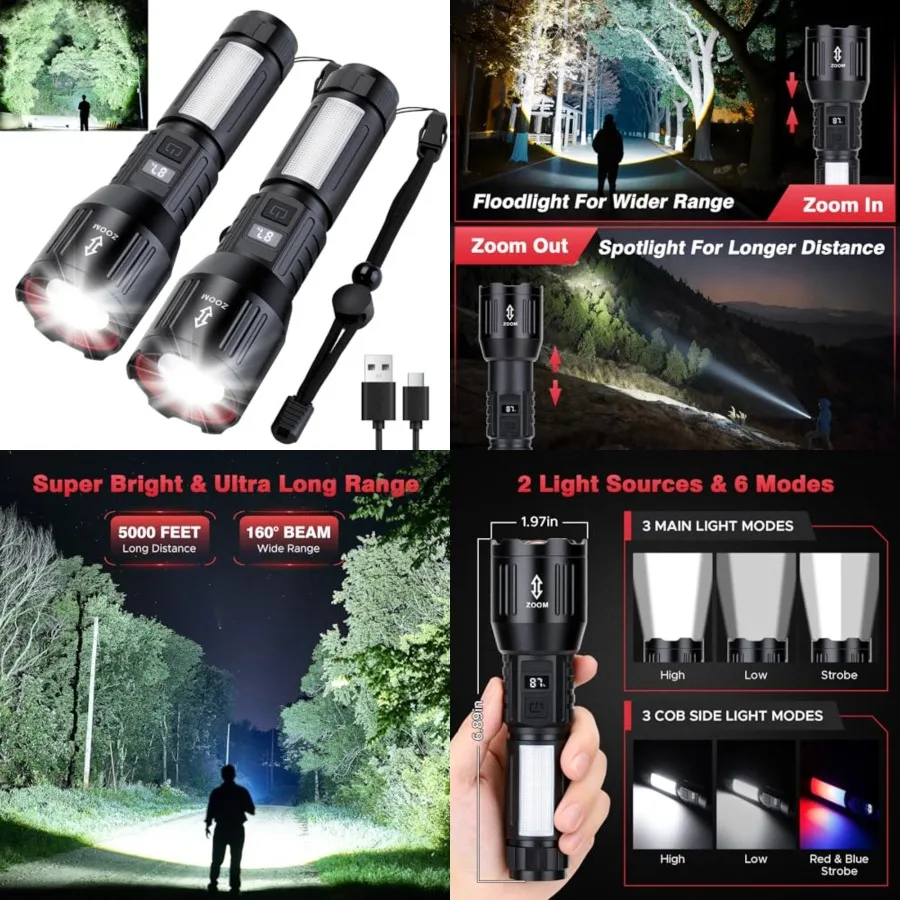 Rechargeable Flashlights 1, 500, 000L High Lumens 2 Packs, LED Super Bright Strong Powerful Handheld Flash Lights with 6 Light
Rechargeable Flashlights 1, 500, 000L High Lumens 2 Packs, LED Super Bright Strong Powerful Handheld Flash Lights with 6 Light