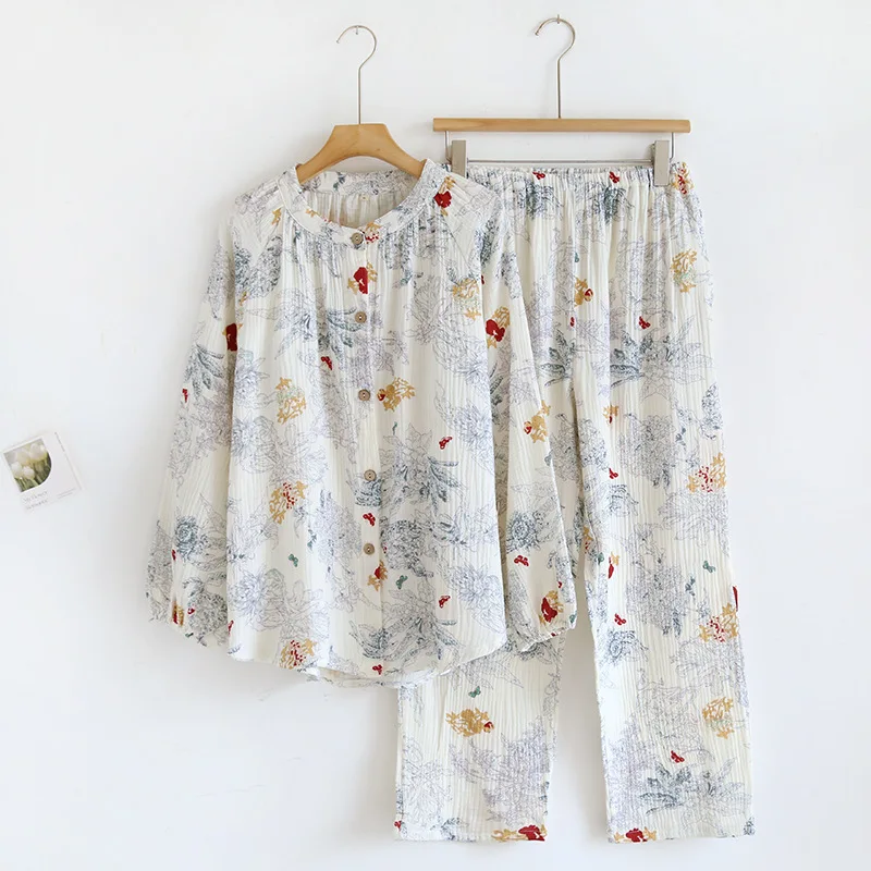 Cotton Gauze Sleepwear Loose Trousers Set Round Neck Pajamas Suit Autumn New Long Sleeve Nightwear Women's Print Homewear
Cotton Gauze Sleepwear Loose Trousers Set Round Neck Pajamas Suit Autumn New Long Sleeve Nightwear Women's Print Homewear