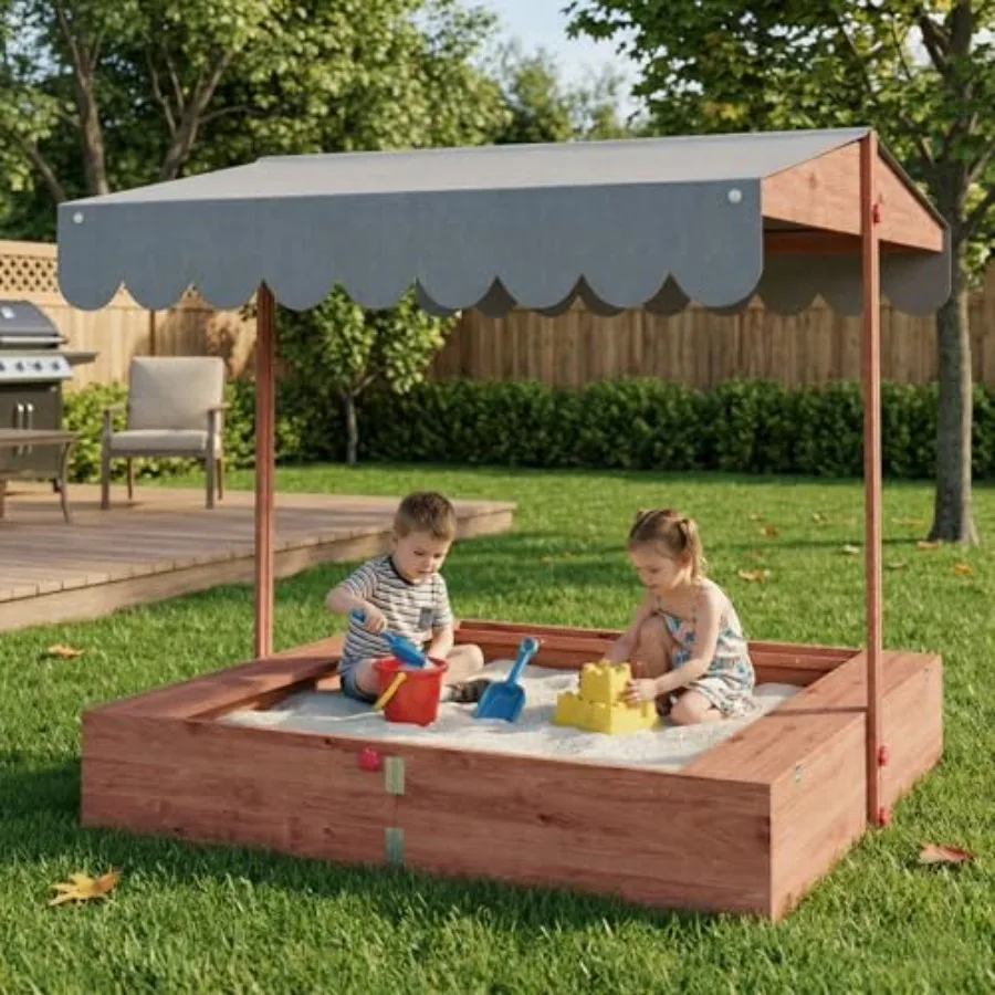 Outdoor kids wooden sandbox with pre-assembled base, UV-protected canopy, foldable bench seats, natural wood color, durable sol
Outdoor kids wooden sandbox with pre-assembled base, UV-protected canopy, foldable bench seats, natural wood color, durable sol