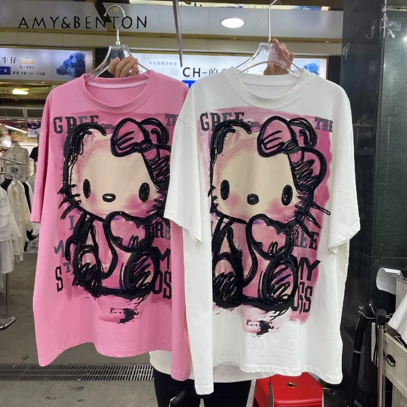 European Style 2025 Spring New Oversized Loose Heavy Industry Short-sleeved T-shirt Top Women's O-neck Kawaii Clothes Pullover
European Style 2025 Spring New Oversized Loose Heavy Industry Short-sleeved T-shirt Top Women's O-neck Kawaii Clothes Pullover
