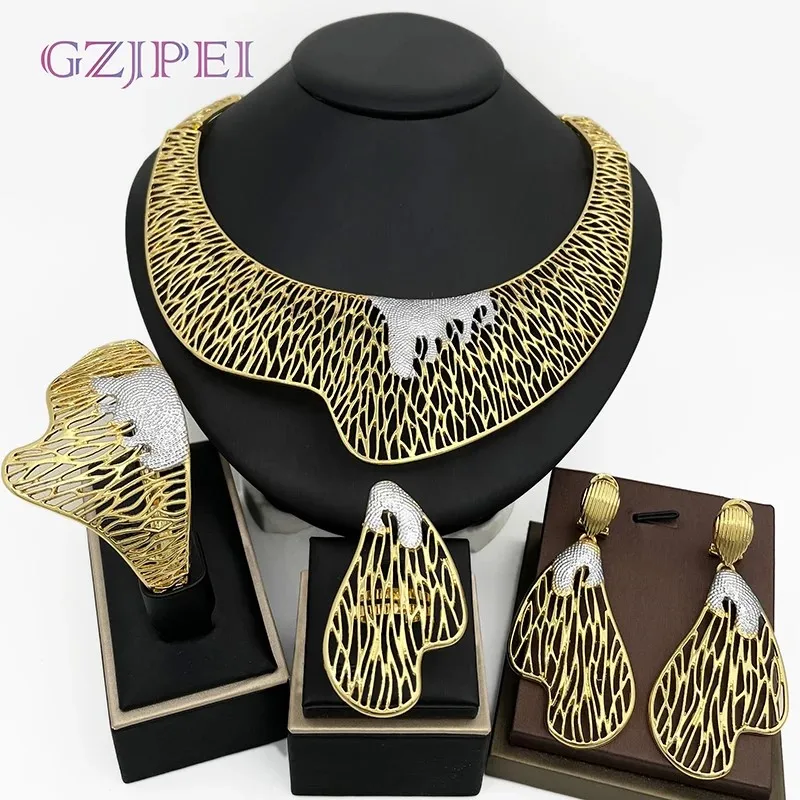Classic Two Tone Design Jewelry Set For Women 18K Gold Plated Necklace Earrings Bangle Ring 4PCS Set Jewelry Wedding Party Gift
Classic Two Tone Design Jewelry Set For Women 18K Gold Plated Necklace Earrings Bangle Ring 4PCS Set Jewelry Wedding Party Gift