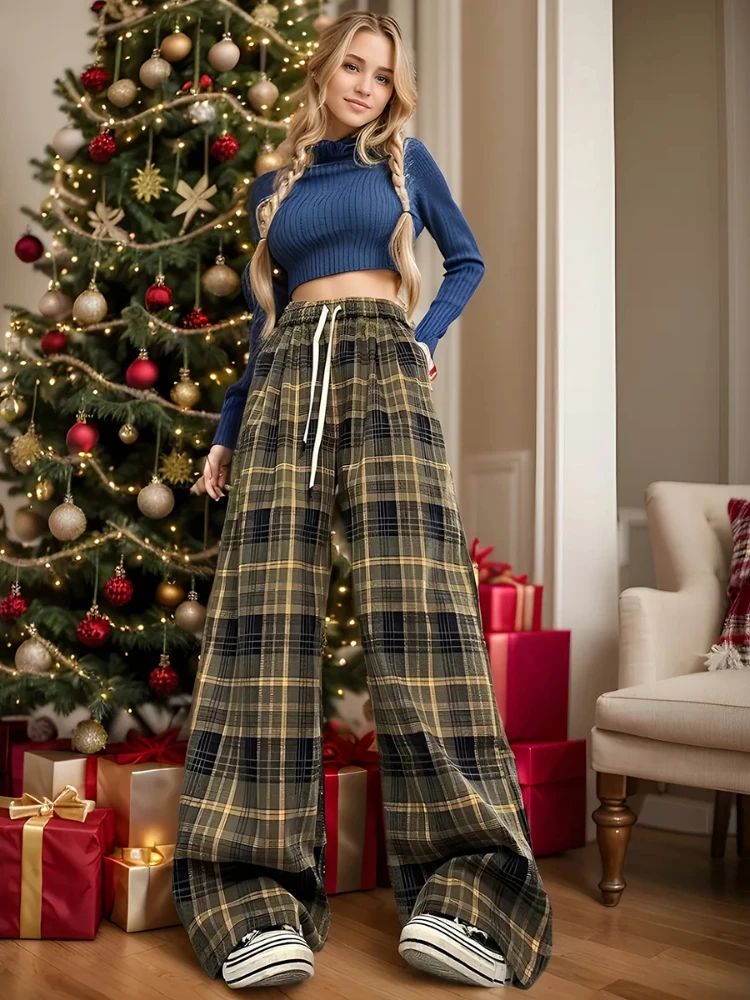 Spring Plaid Pants for Women High Waist Retro Loose Casual Wide-leg Pant Full Length Korean Women's Straight Trousers Streetwear
Spring Plaid Pants for Women High Waist Retro Loose Casual Wide-leg Pant Full Length Korean Women's Straight Trousers Streetwear