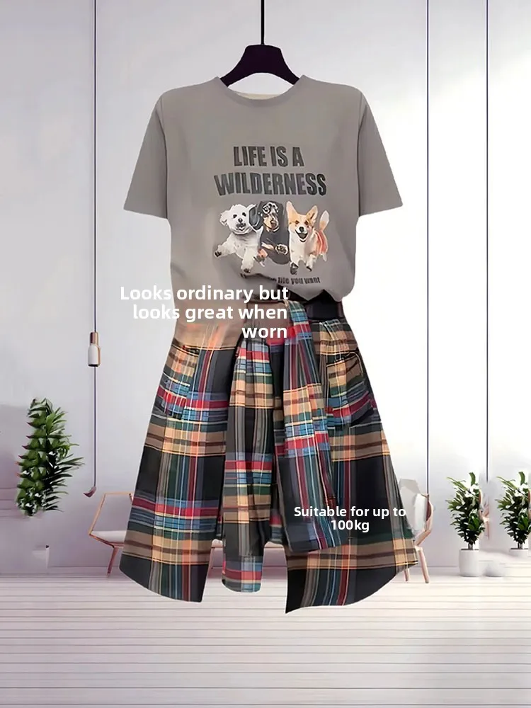 Gray Printed Short Sleeve Design Shoulder High Waist Short Pants Skirt Set plus Size Fashionable Korean Style Summer Outfit
Gray Printed Short Sleeve Design Shoulder High Waist Short Pants Skirt Set plus Size Fashionable Korean Style Summer Outfit
