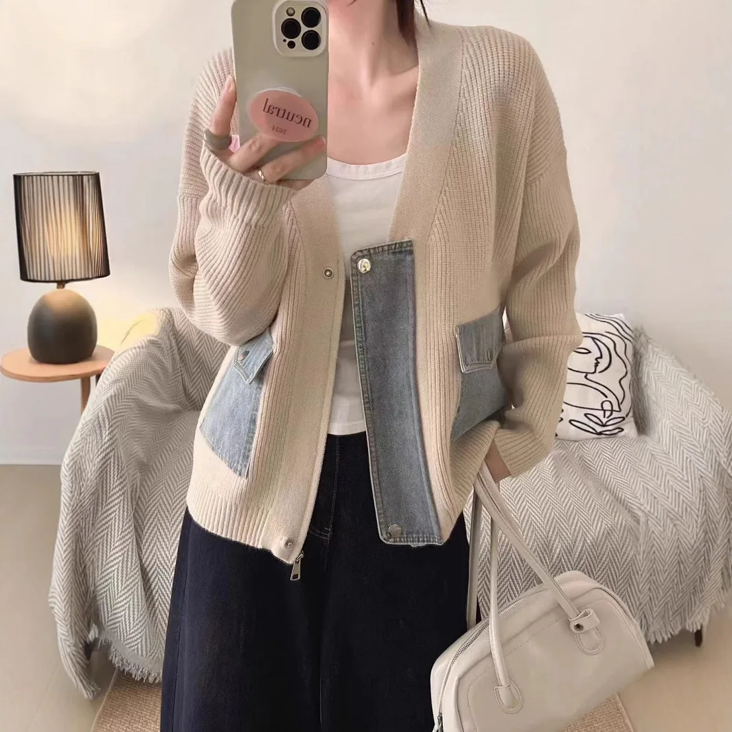 Raw Hem Cardigan Women Sweaters Patchwork Notched Collar Knitted Denim Jackets Jumpers Pockets Thick Coats Autumn Winter Outwear
Raw Hem Cardigan Women Sweaters Patchwork Notched Collar Knitted Denim Jackets Jumpers Pockets Thick Coats Autumn Winter Outwear