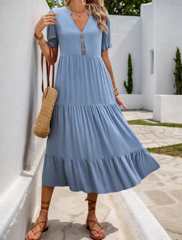 Summer Dress Woman 2025 Elegant Sexy V-Neck Short Sleeved Button High Waisted Loose A-Line Dress Casual Vacation Dress for Women
Summer Dress Woman 2025 Elegant Sexy V-Neck Short Sleeved Button High Waisted Loose A-Line Dress Casual Vacation Dress for Women
