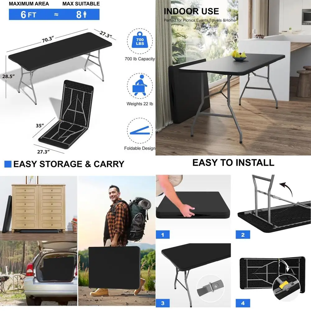 6ft Heavy-Duty Plastic Folding Table with Lock and Carry Handle, Portable for Indoor/Outdoor Use, Suitable for Camping, Parties,
6ft Heavy-Duty Plastic Folding Table with Lock and Carry Handle, Portable for Indoor/Outdoor Use, Suitable for Camping, Parties,