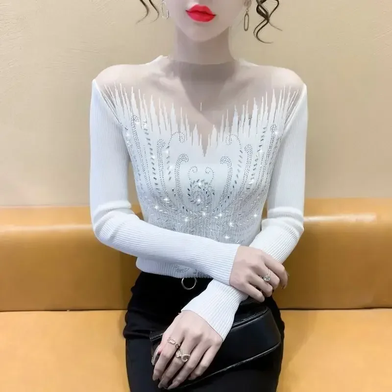 Autumn Winter Fashion Solid Long Sleeve Slim Basic Tops Women Sexy See Through Mesh Patchwork Rhinestone Elegant Knitted Sweater
Autumn Winter Fashion Solid Long Sleeve Slim Basic Tops Women Sexy See Through Mesh Patchwork Rhinestone Elegant Knitted Sweater