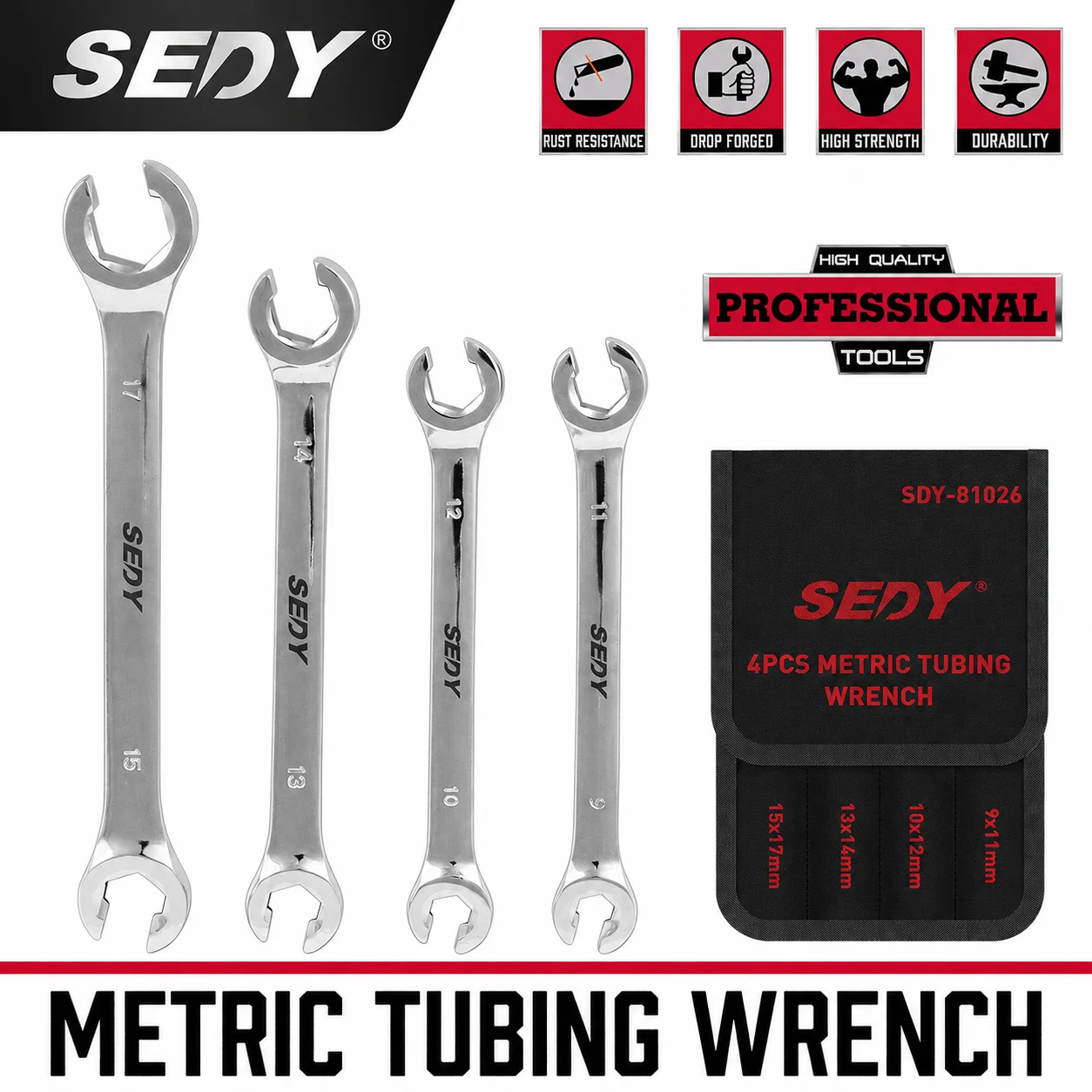 SEDY 4PCS Metric Flare Nut Wrench Set, 9-17mm CR-V Steel Tubing Spanner with Storage Pouch for Fuel Hose & Brake Line Repair
SEDY 4PCS Metric Flare Nut Wrench Set, 9-17mm CR-V Steel Tubing Spanner with Storage Pouch for Fuel Hose & Brake Line Repair
