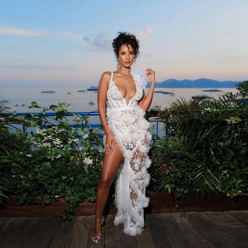 Unique Flowers Tulle Women Summer Dresses Sexy High Slit Lace Tulle Prom Party Gowns Se Thru Ruffles Long Female Beach Dress
Unique Flowers Tulle Women Summer Dresses Sexy High Slit Lace Tulle Prom Party Gowns Se Thru Ruffles Long Female Beach Dress