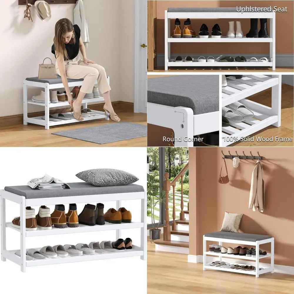 White Wooden Shoe Rack Bench with Cushion and 3-Tier Storage for Entryway, Living Room, and Mudrooms
White Wooden Shoe Rack Bench with Cushion and 3-Tier Storage for Entryway, Living Room, and Mudrooms