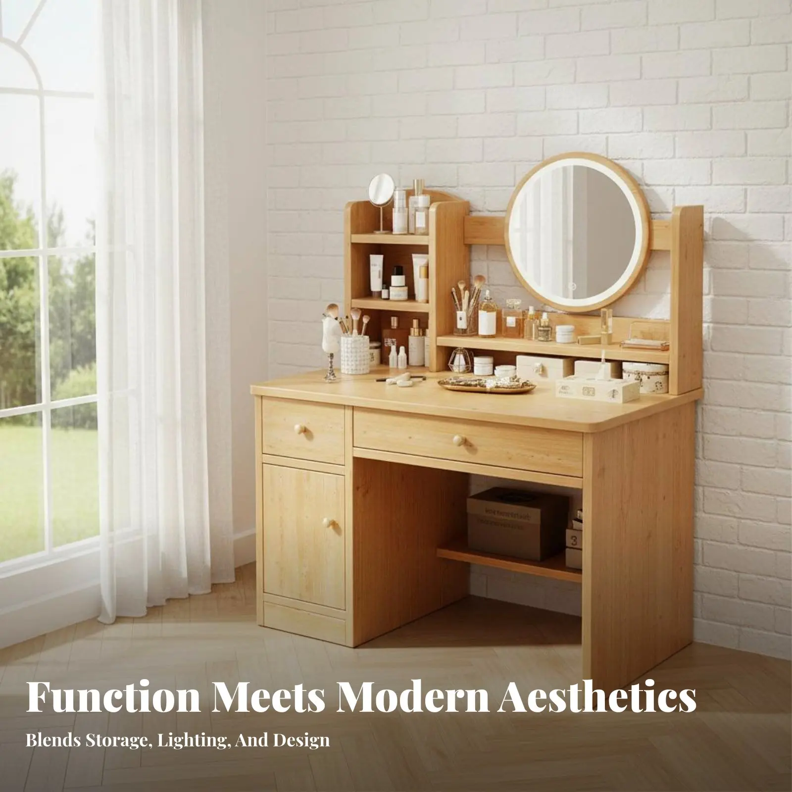 Dressing Desk with Round Mirror Minimalist Design Vanity Set with Lighted Mirror Includes Matching Stool Built-in Storage
Dressing Desk with Round Mirror Minimalist Design Vanity Set with Lighted Mirror Includes Matching Stool Built-in Storage