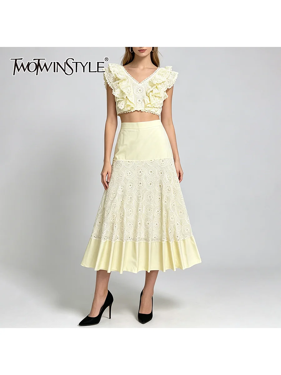 TWOTWINSTYLE Patchwork Embroidery Two Piece Sets for Women V Neck Sleeveless Vest High Waist A Line Skirt Solid Set Female 2026
TWOTWINSTYLE Patchwork Embroidery Two Piece Sets for Women V Neck Sleeveless Vest High Waist A Line Skirt Solid Set Female 2026