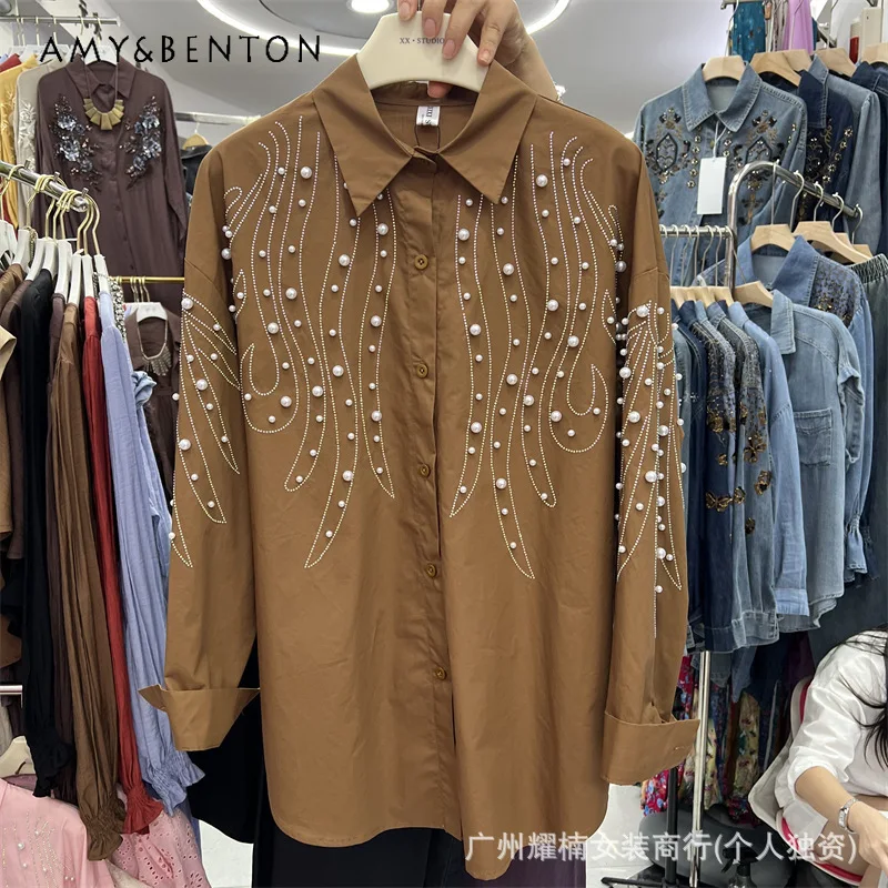 Luxury Style Long Sleeves Shirt Heavy industry Rhinestone Bead Decoration Loose Single Breasted Casual Tops Blouse For Ladies
Luxury Style Long Sleeves Shirt Heavy industry Rhinestone Bead Decoration Loose Single Breasted Casual Tops Blouse For Ladies