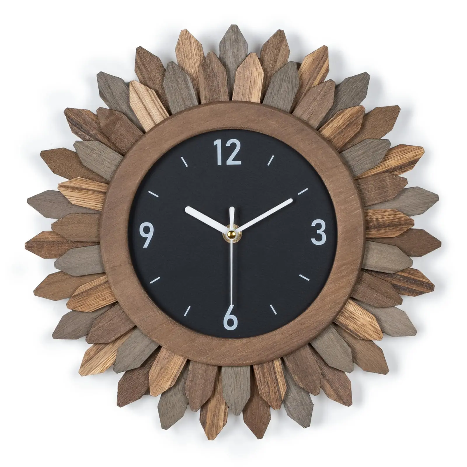 Boho Style Wooden Sunburst Wall Clock With Black Face
Boho Style Wooden Sunburst Wall Clock With Black Face